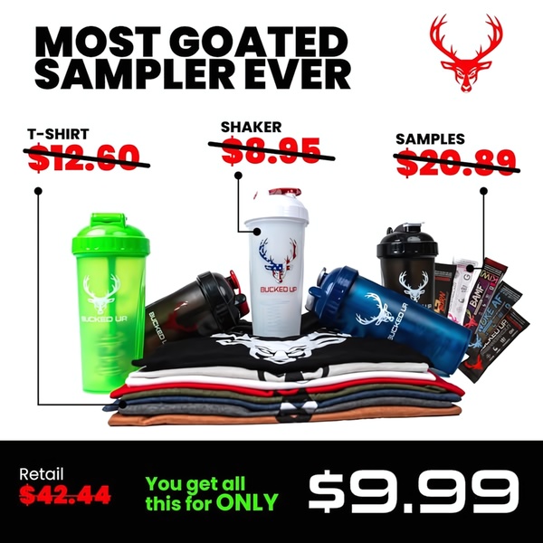 A high-contrast 1:1 image featuring a bundle of protein shakers and supplement packets with strike-through pricing to emphasize value.
